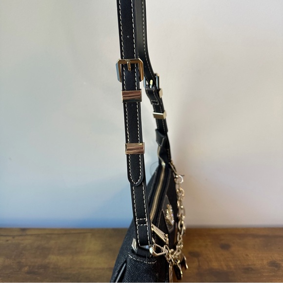 New True Religion Black Denim Horseshoe Gold Chain Charm Shoulder Handbag Cute - Picture 4 of 7